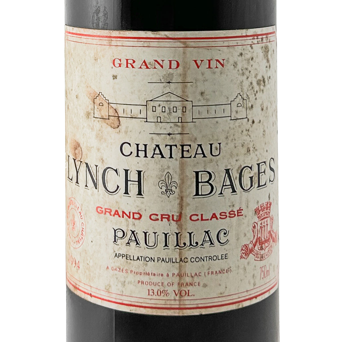 Château Lynch-Bages 1994 Etikett in Nahaufnahme mit Château-Zeichnung, Lilie und Aufdruck Grand Cru Classé Pauillac