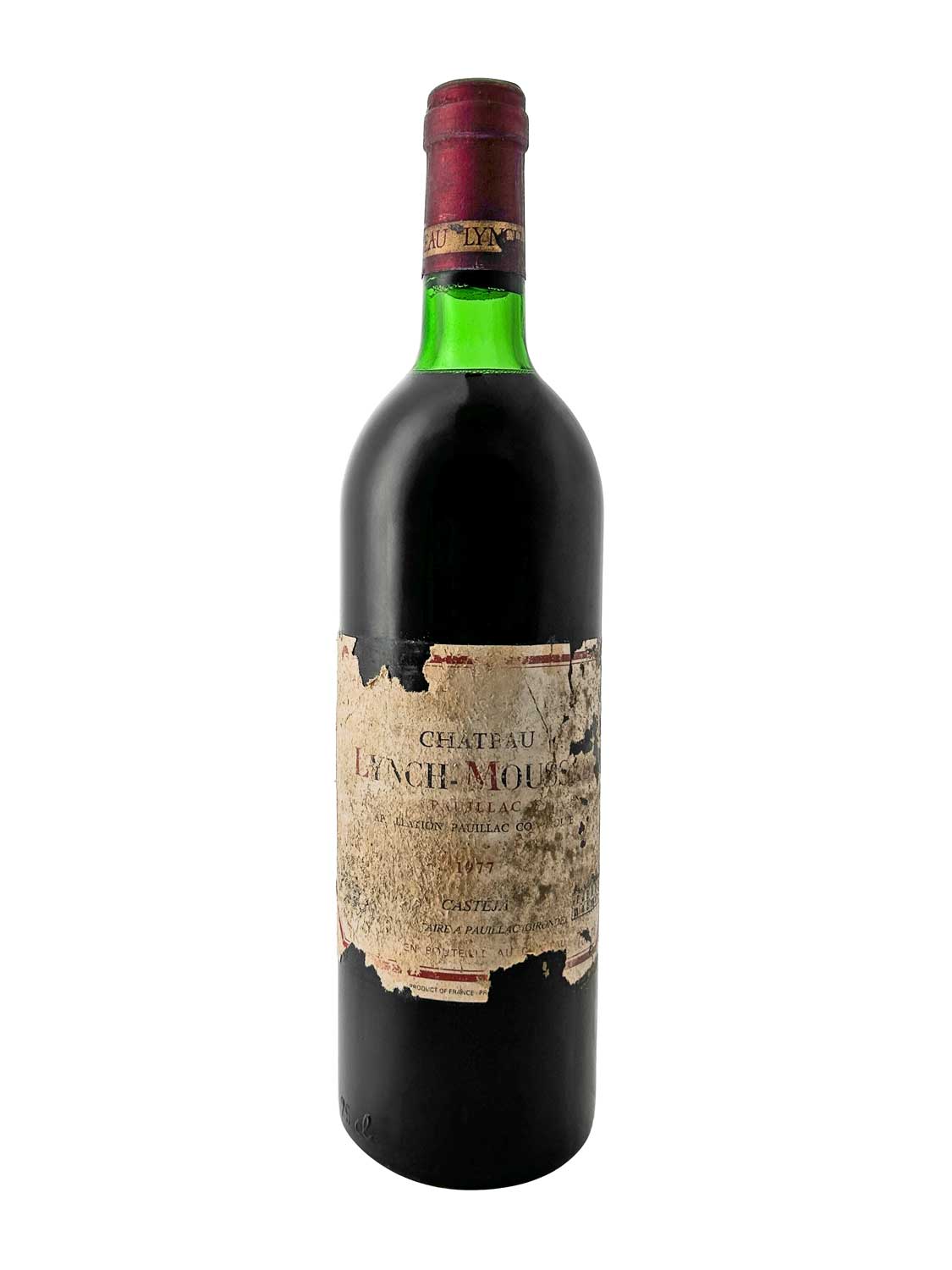 Flasche Château Lynch-Moussas 1977 mit teilweise beschädigtem Etikett und rotem Kapselverschluss