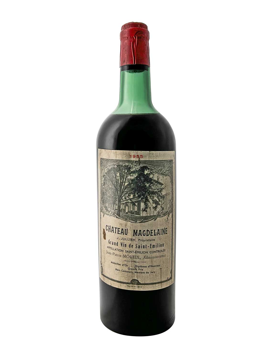 Rotweinflasche von Chateau Magdelaine, Jahrgang 1955. Die Flasche hat eine grüne Glasfarbe, einen roten Kapselverschluss und ein etikettiertes Design mit einer Abbildung eines Gebäudes und dem Text 'Chateau Magdelaine'.