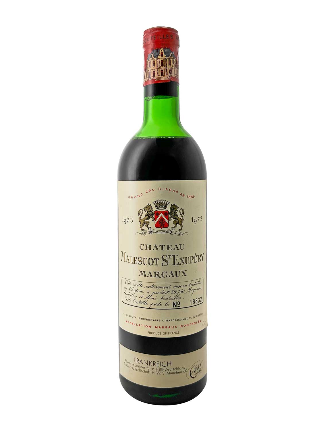 Grüne Weinflasche mit rotem Verschluss und Etikett mit Wappen und der Aufschrift 'Chateau Malescot St Exupery Margaux 1973'