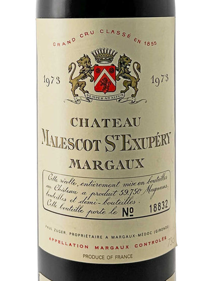 Weinetikett von Chateau Malescot St. Exupéry Margaux 1973 mit Wappen, Jahrgang und Flaschennummer 18832