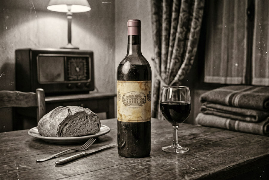 Flasche Chateau Margaux 1944 mit Weinglas, Brot und Messer auf Holztisch vor Vorhang und altem Radio mit Lampe
