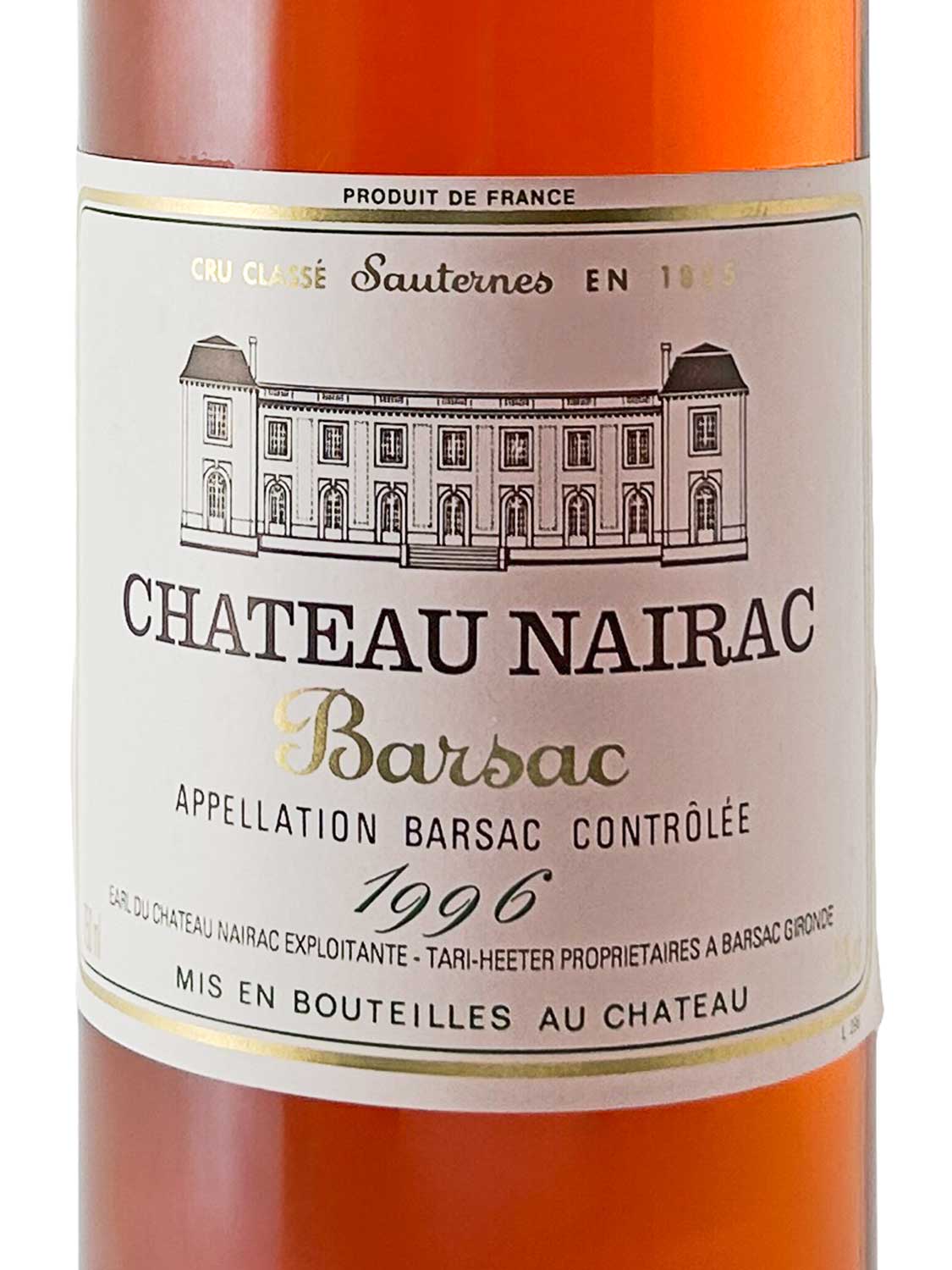 Weinflasche mit Etikett von Château Nairac 1996, zeigt ein klassisches Herrenhaus, Text in Schwarz und Gold, Herkunft Barsac, Frankreich.