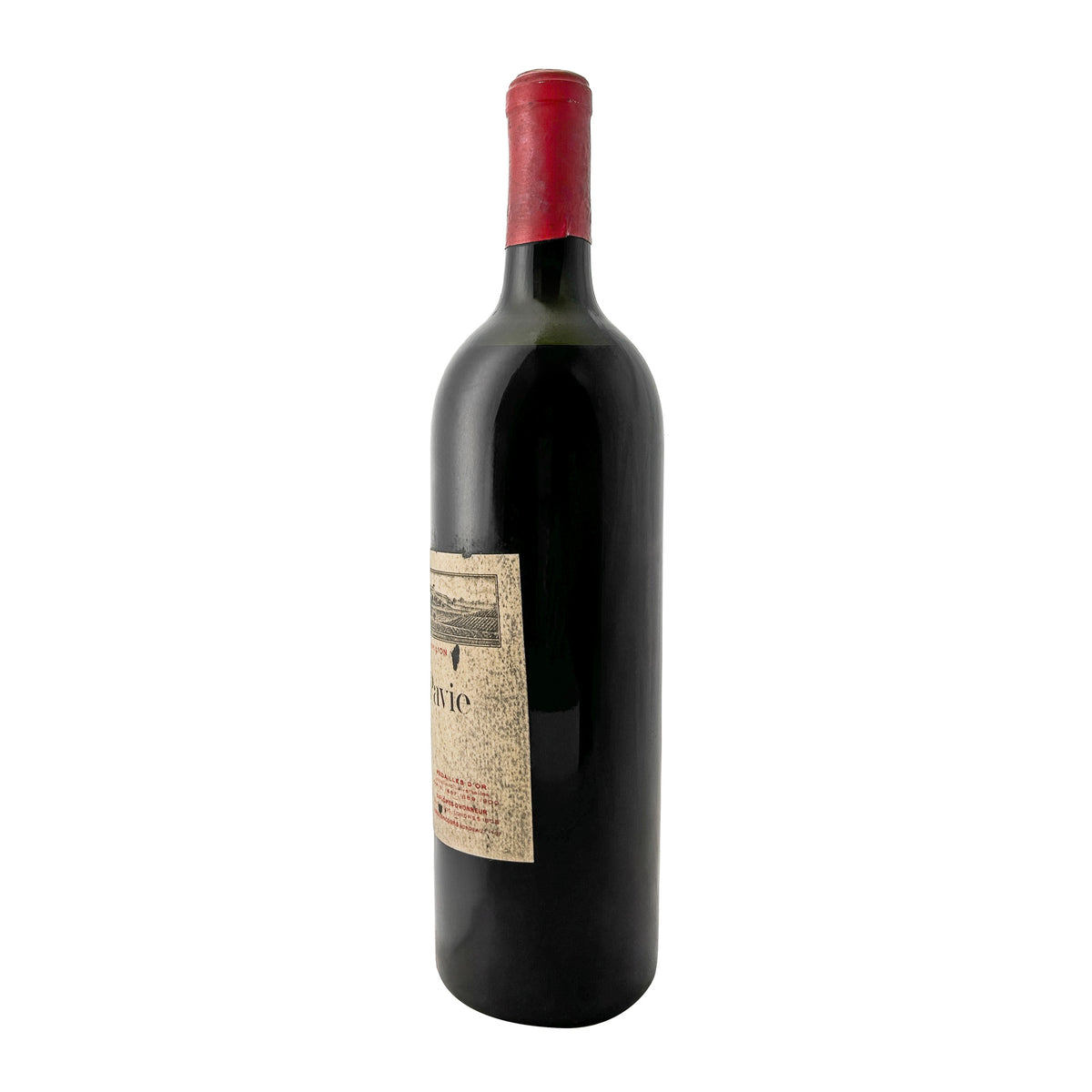 Château Pavie 1919 im Profil, Kapsel und Flaschenhals, Etikettenrand seitlich sichtbar