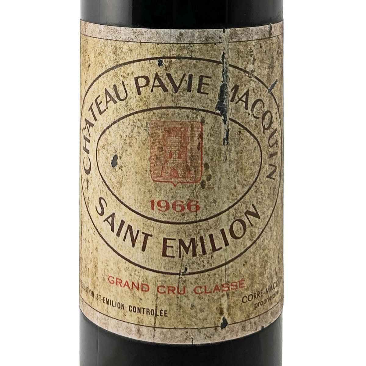 Château Pavie-Macquin 1966 Etikett in Nahaufnahme mit rotem Wappen, Jahrgang 1966 und Aufdruck Grand Cru Classé