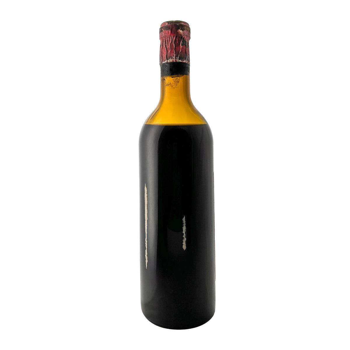 Château Pavie-Macquin 1966 Rückseite ohne Rücketikett mit Papierresten, Füllstand Mid Shoulder gut sichtbar
