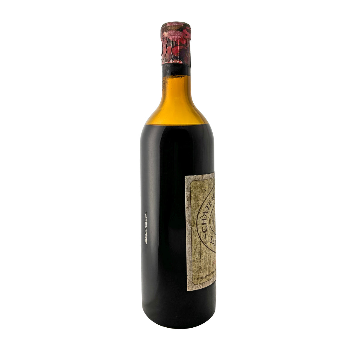 Château Pavie-Macquin 1966 Seitenansicht rechts mit Aufdruck Appellation St-Emilion Contrôlée und roter Kapsel