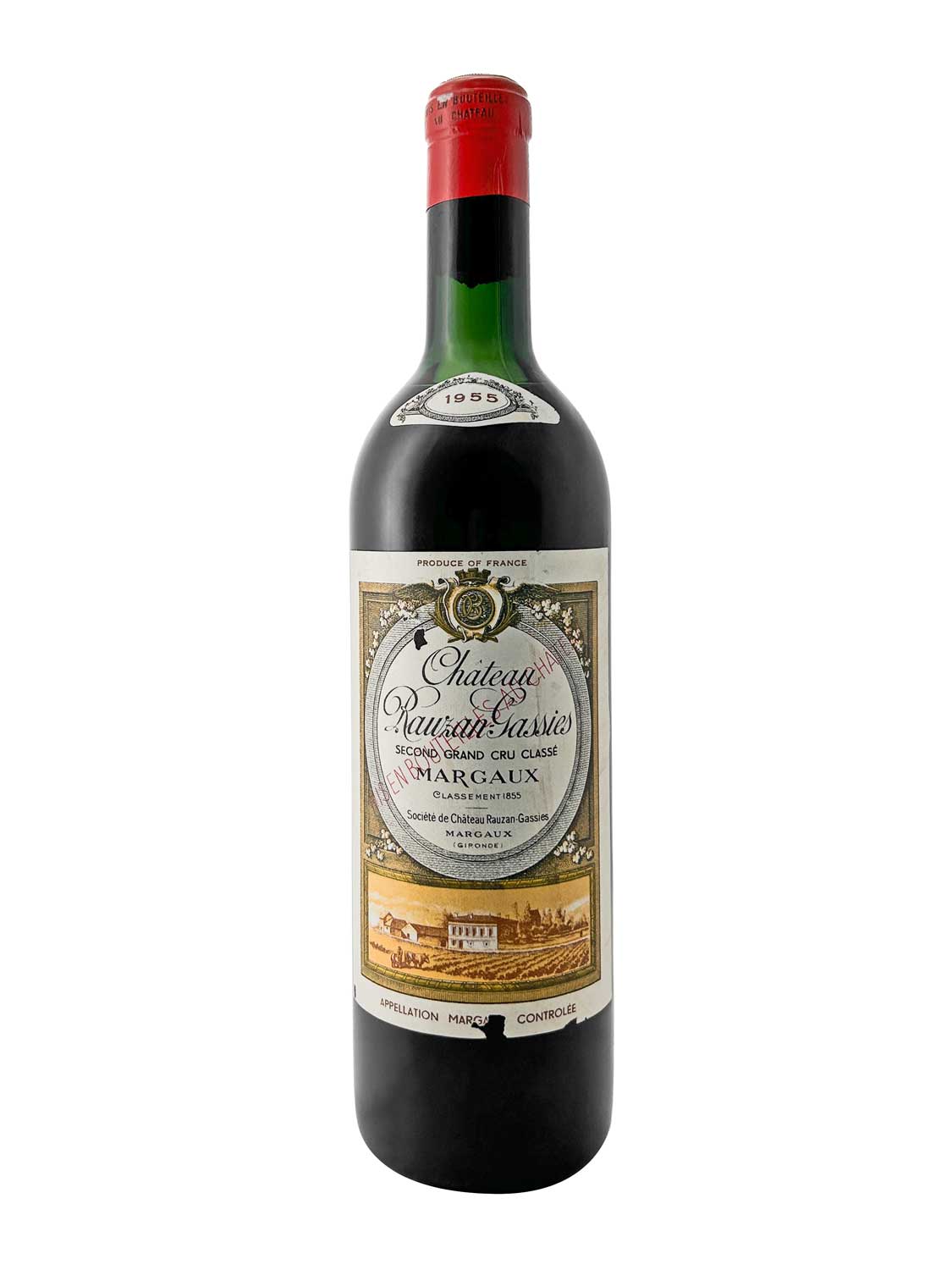 Flasche Château Rauzan-Gassies 1955 mit rotem Verschluss und detailliertem Etikett, das ein Weingut und den Text 'Château Rauzan-Gassies Second Grand Cru Classé Margaux' zeigt