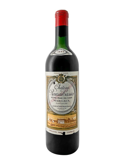 Flasche Château Rauzan-Gassies 1955 mit rotem Verschluss und detailliertem Etikett, das ein Weingut und den Text 'Château Rauzan-Gassies Second Grand Cru Classé Margaux' zeigt