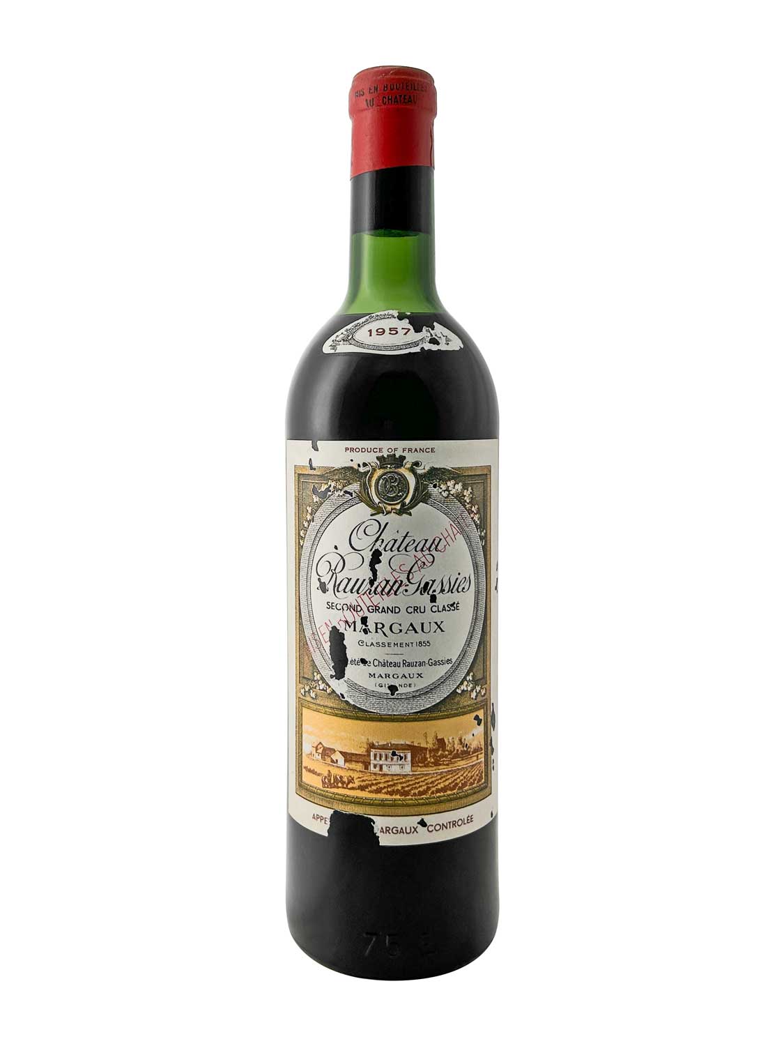 Grüne Weinflasche mit rotem Kapselverschluss, Etikett mit Text 'Chateau Rauzan Gassies', Jahrgang 1957 und Illustration eines Weinguts.