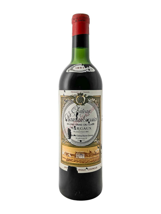 Grüne Weinflasche mit rotem Kapselverschluss, Etikett mit Text 'Chateau Rauzan Gassies', Jahrgang 1957 und Illustration eines Weinguts.