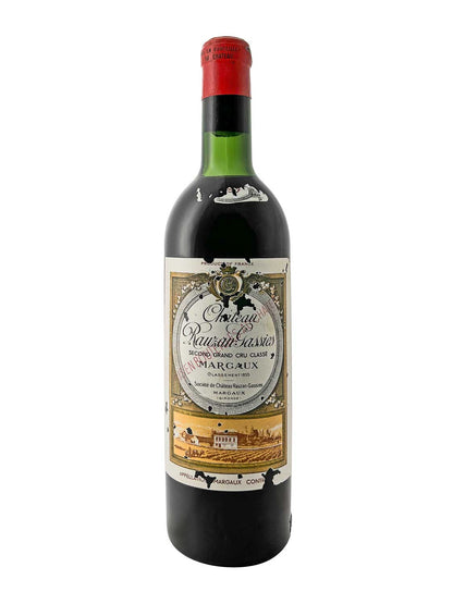 Flasche Château Rauzan-Gassies 1957 mit rotem Verschluss und detailliertem Etikett mit Weingutabbildung und Text