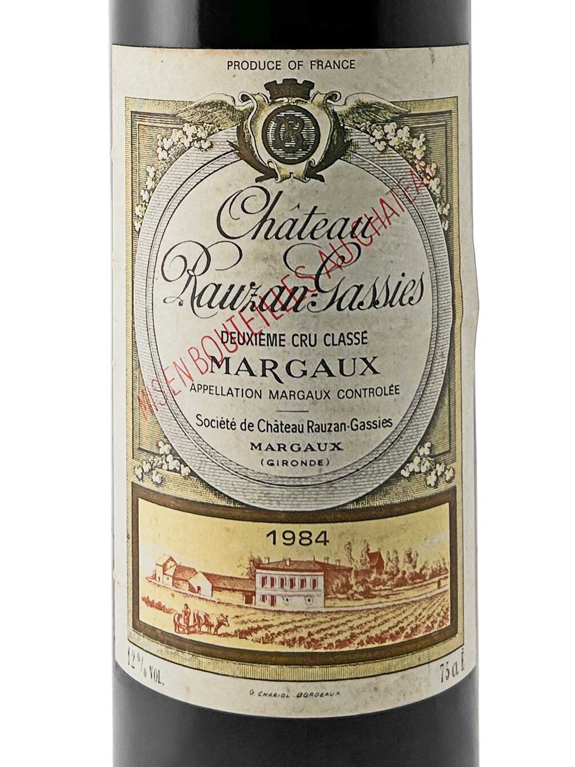 Weinetikett von Château Rauzan-Gassies 1984 mit Wappen, Schriftzug, Jahrgang und Illustration eines Weinguts