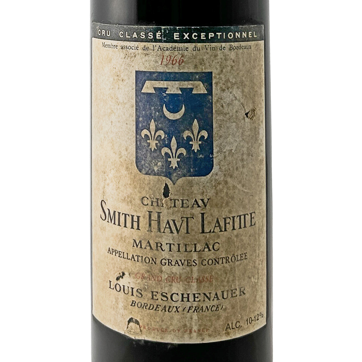 Château Smith Haut Lafitte 1966 Etikett in Nahaufnahme mit Wappen, Jahrgang 1966 und Cru Classé de Graves