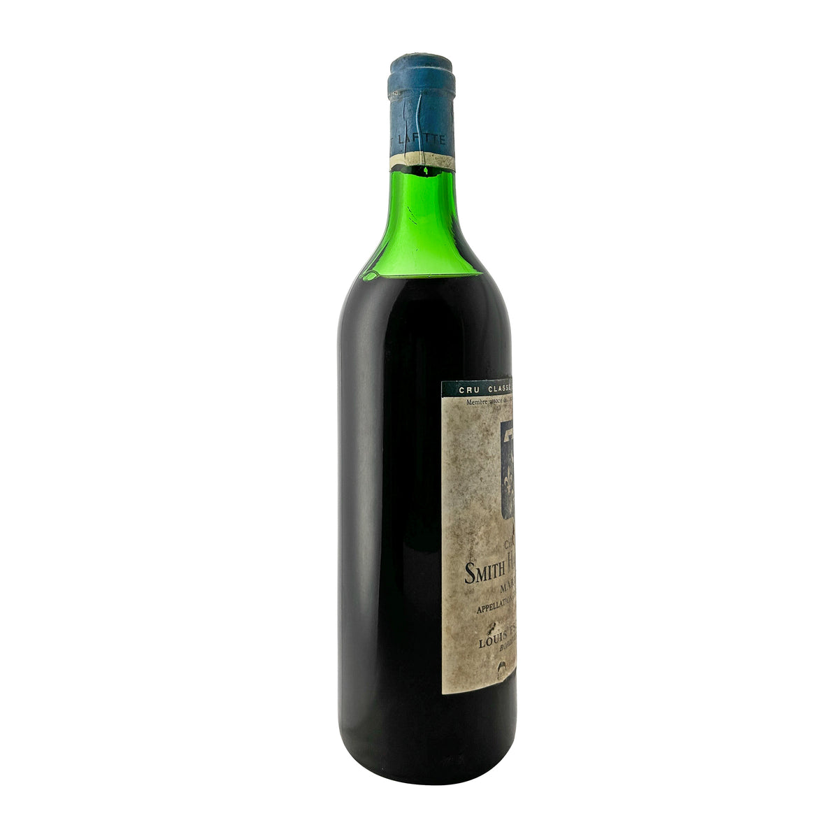 Château Smith Haut Lafitte 1966 Etikett im Profil mit altersbedingter Fleckenbildung