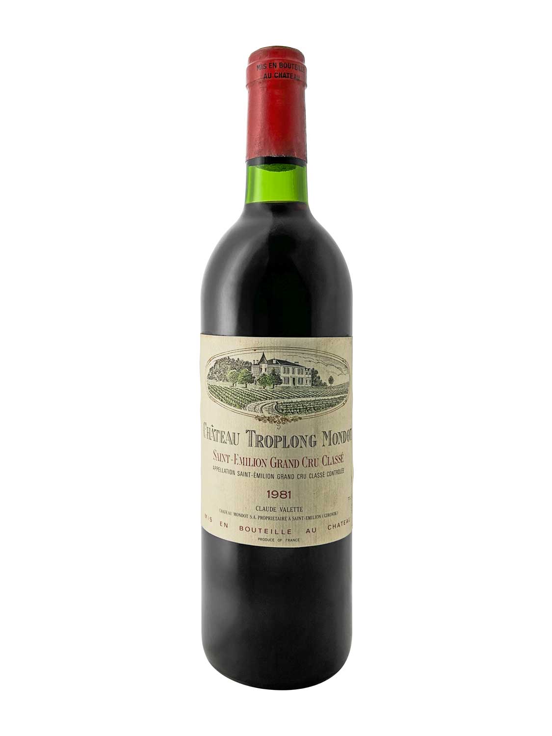 Rotweinflasche von Château Troplong Mondot, Jahrgang 1981. Etikett zeigt eine Abbildung des Weinguts und den Text 'Château Troplong Mondot, Saint-Émilion Grand Cru Classé'.