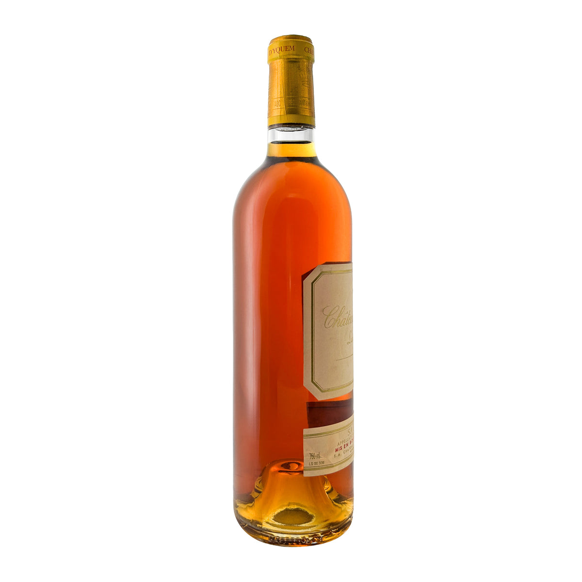 Château d'Yquem 2000, zweite Frontalansicht der Flasche mit Etikett und goldener Kapsel