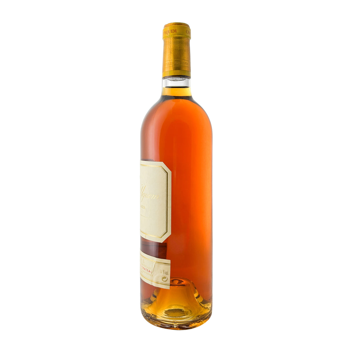 Château d'Yquem 2000 im Profil, Etikettenrand und goldene Kapsel mit Kronen-Wappen