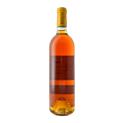 Château d'Yquem 2000, Rückansicht mit Appellationsangabe Sauternes durch das Glas sichtbar
